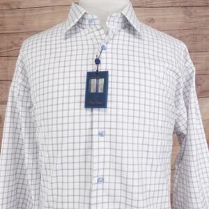David Donahue Dress Shirt Mens 18.5 36/37 White Check 100% Cotton Long Sleeve